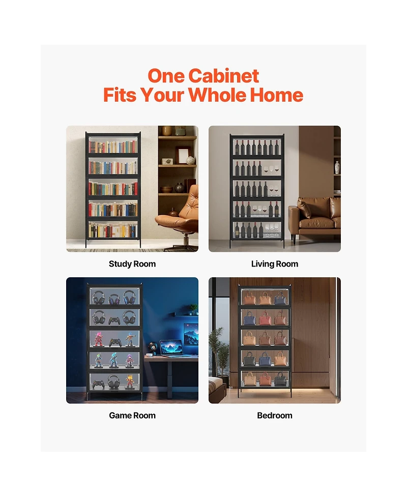Sugift 68 Inch Tall 5-Tier Curio Display Cabinet with Acrylic Doors Wooden Frame Bookshelf