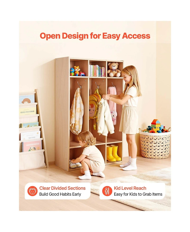 Sugift 3-Section Kids Wooden Coat Locker Cubby Organizer with 6 Hooks and Non-Slip Mat