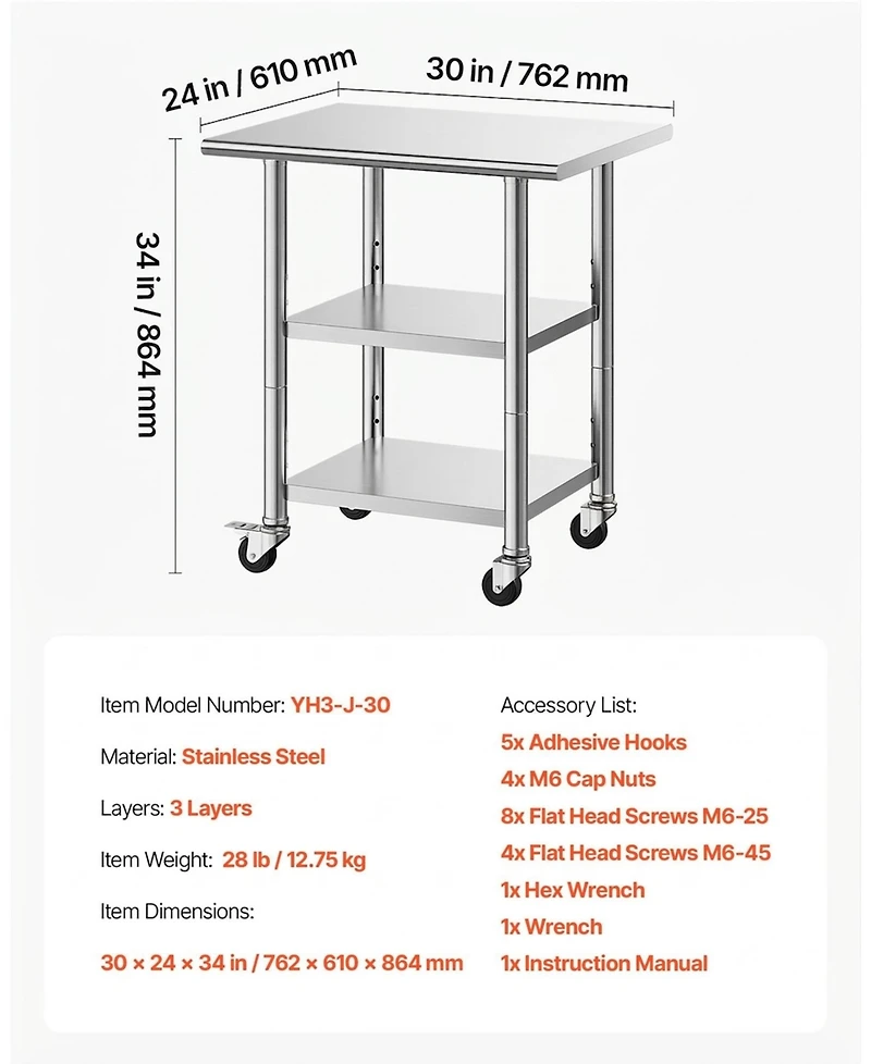 Hongge Compact Kitchen Prep Table 24 x 30 in Stainless Steel with Two Storage Shelves and Wheels
