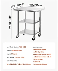 Hongge Compact Kitchen Prep Table 24 x 30 in Stainless Steel with Two Storage Shelves and Wheels