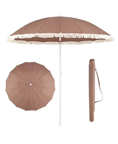 Gouun 7 feet Patio Umbrella with Fringe Boho Tassel Trim and Push-Button Tilt