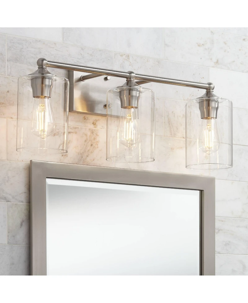 360 Lighting Billings Modern Wall Light Brushed Nickel Hardwired 24" 3-Light Fixture Clear Glass Cylinder Shades for Bedroom Bathroom House