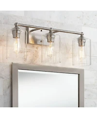 360 Lighting Billings Modern Wall Light Brushed Nickel Hardwired 24" 3-Light Fixture Clear Glass Cylinder Shades for Bedroom Bathroom House