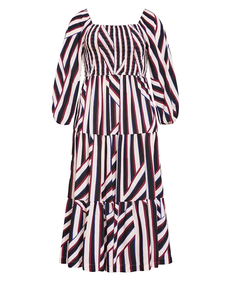 City Chic Plus Long-Sleeve Stripe Shirred Maxi Dress