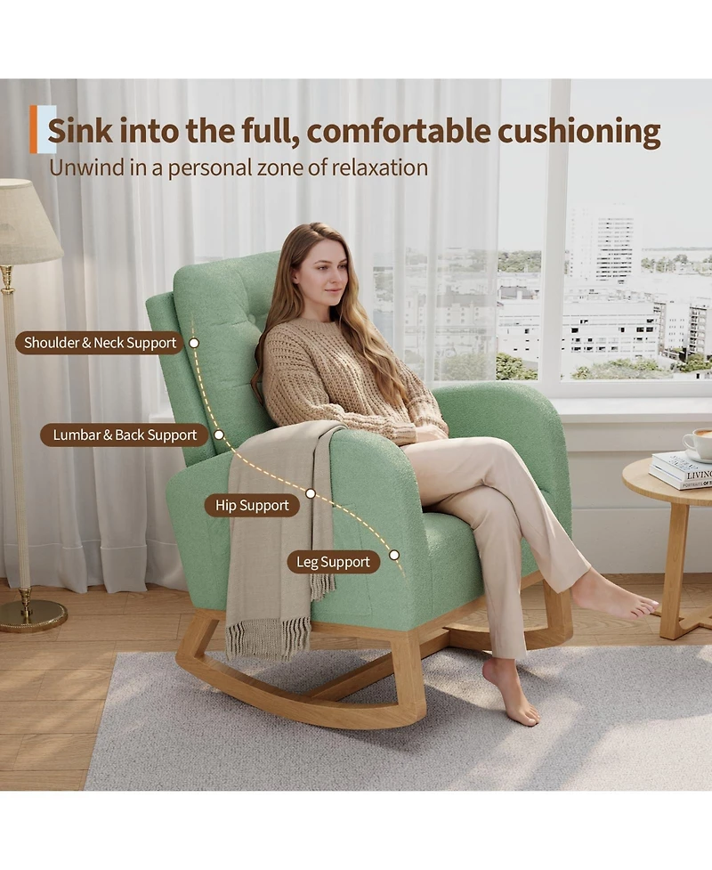 homfan Nursing Rocking Chair with Footrest for Nursery, Upholstered Glider Rocker High Backrest, Wood Base Comfortable Lounge