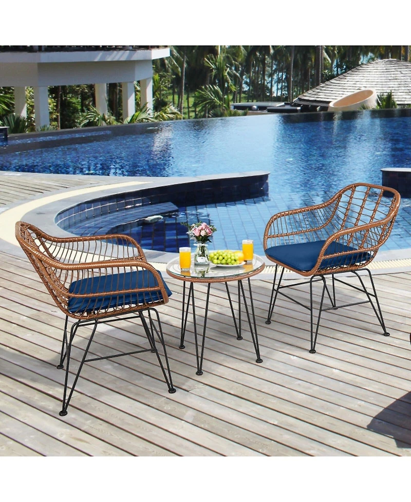 Gouun Outdoor Rattan Bistro Conversation Set with Round Glass Side Table