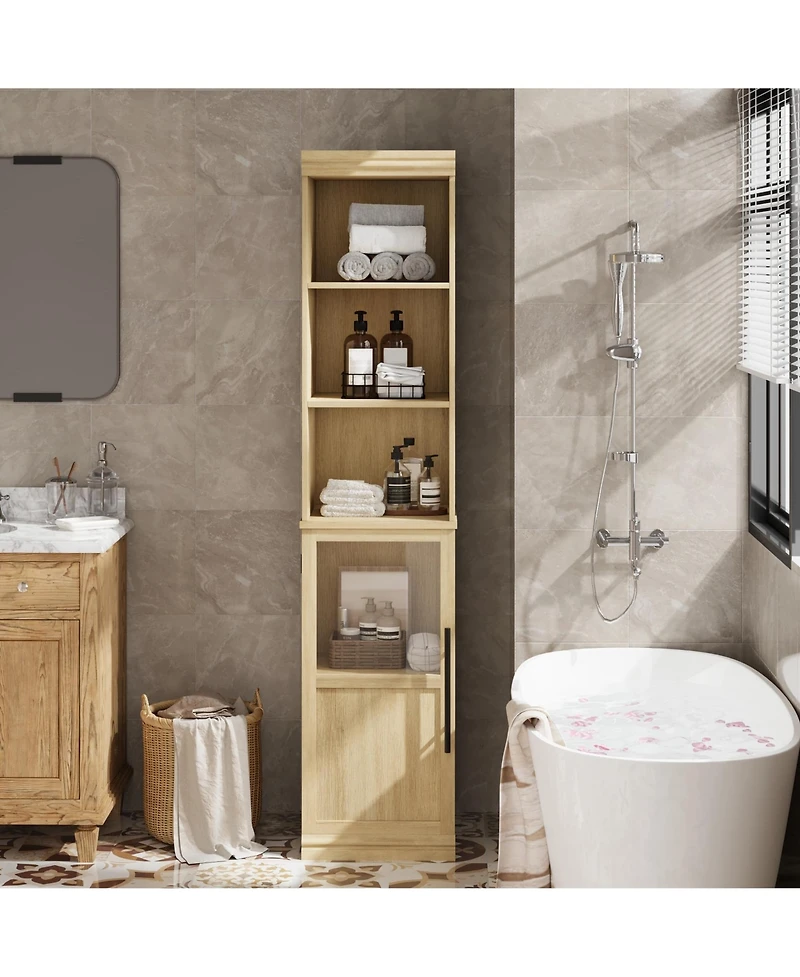 homfan Tall Bathroom Cabinet with Glass Door and Open Shelves, Narrow Storage for Bathroom, Living Room, Kitchen