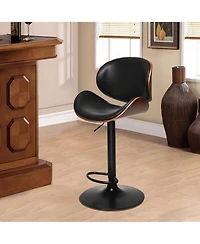 Gymax Set of 4 Bentwood Barstool Mid-Century Adjustable Swivel Pu Leather Curved Back