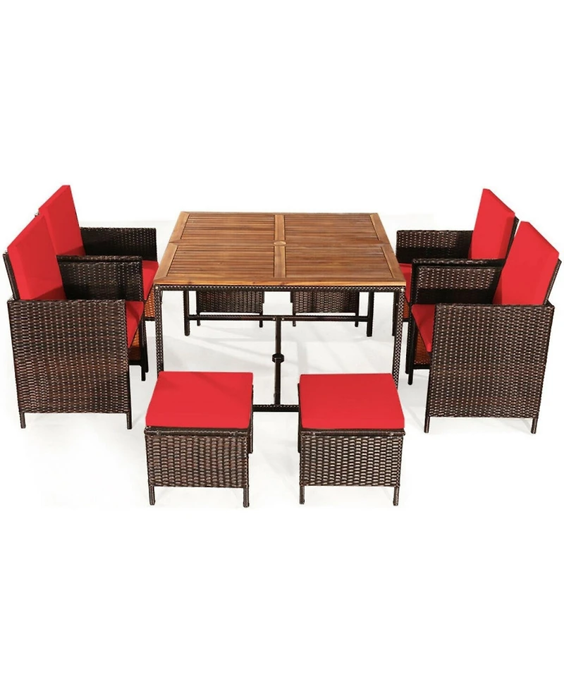 Gouun 9 Piece Outdoor Wicker Patio Dining Set with Acacia Wood Tabletop, 4 Chairs and 4 Ottomans