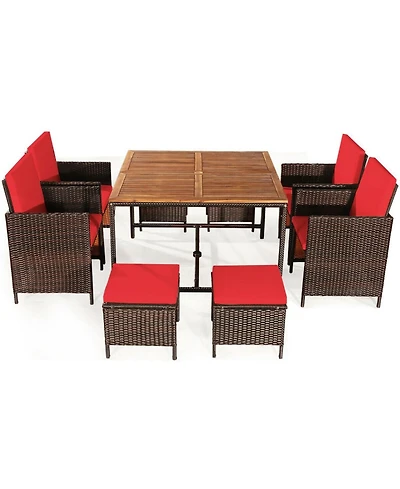 Gouun 9 Piece Outdoor Wicker Patio Dining Set with Acacia Wood Tabletop, 4 Chairs and 4 Ottomans