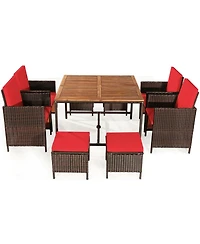 Gouun 9 Piece Outdoor Wicker Patio Dining Set with Acacia Wood Tabletop, 4 Chairs and 4 Ottomans