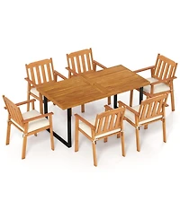 Gouun 7 Piece Acacia Wood Patio Dining Set with Table, 6 Armchairs and U-Shaped Metal Base