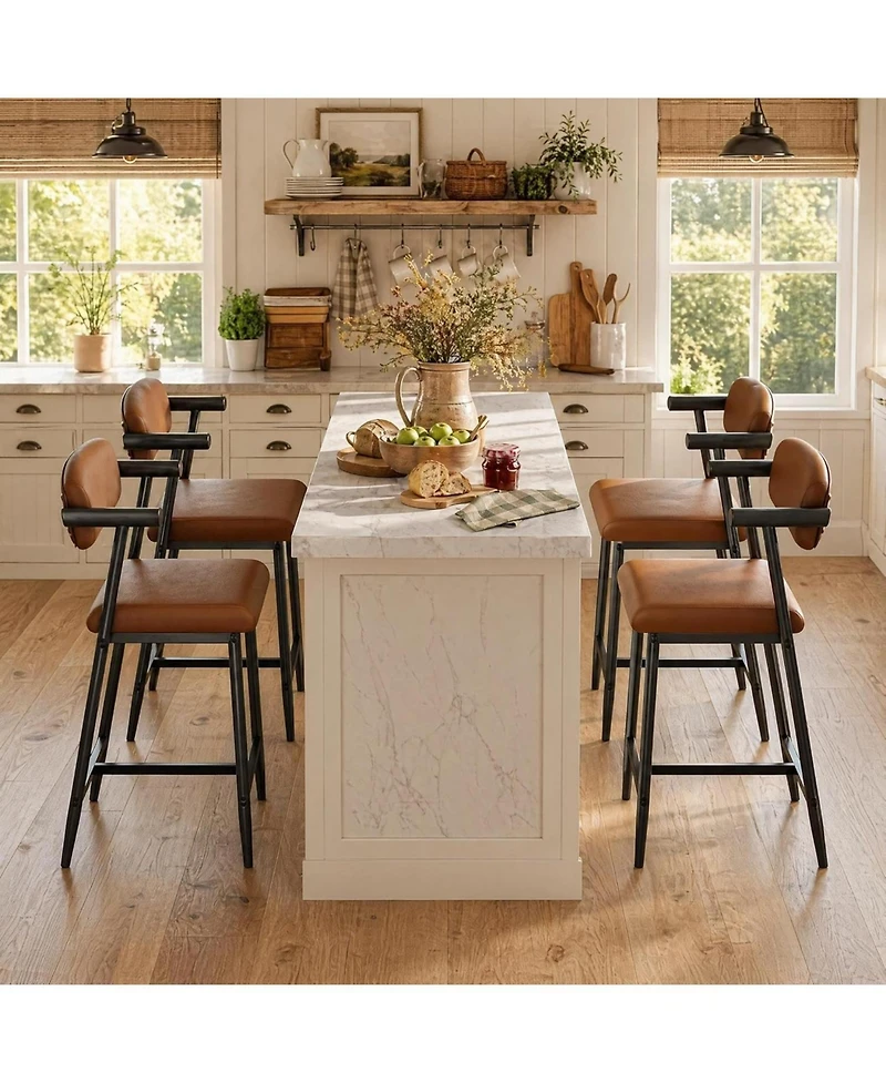 homfan Set of 6 Faux Leather Counter Height Bar Stools with Arms and Back, 400 lb Capacity