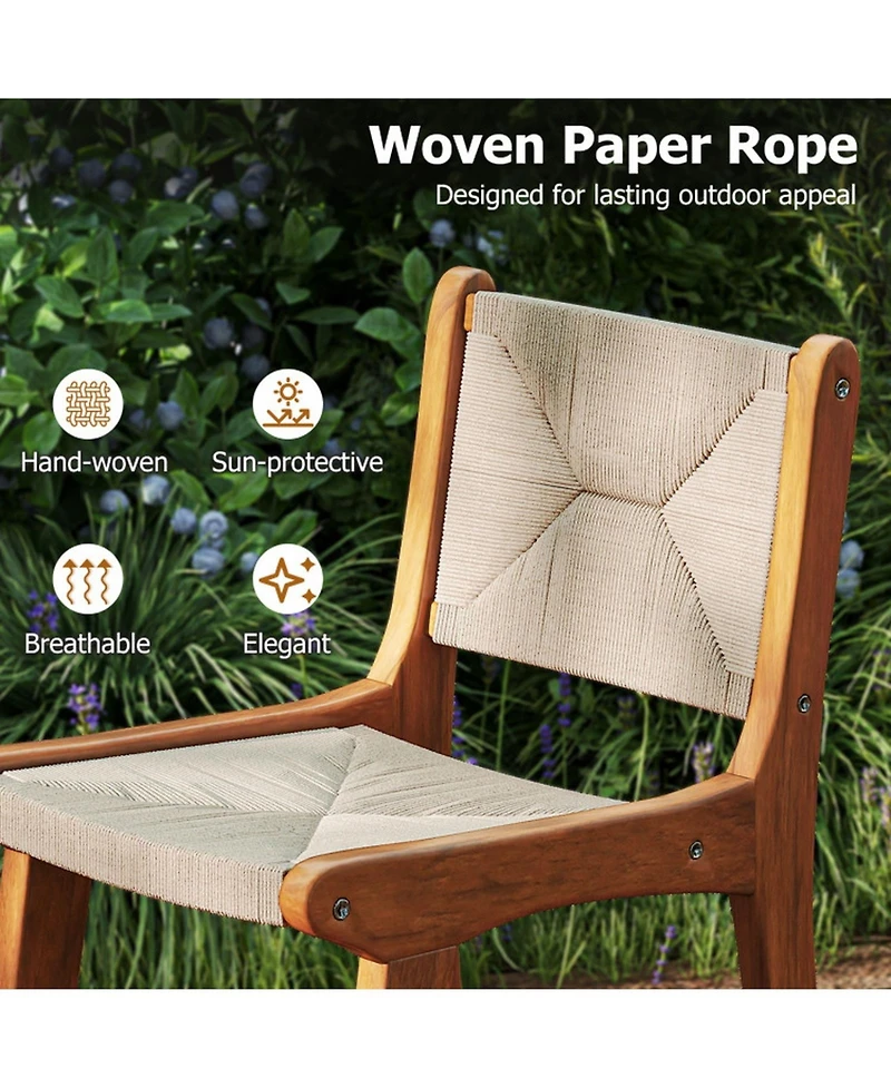 Gouun Outdoor Counter Height Bar Stool with Teak Wood Frame and Hand-Woven Paper Rope Seat