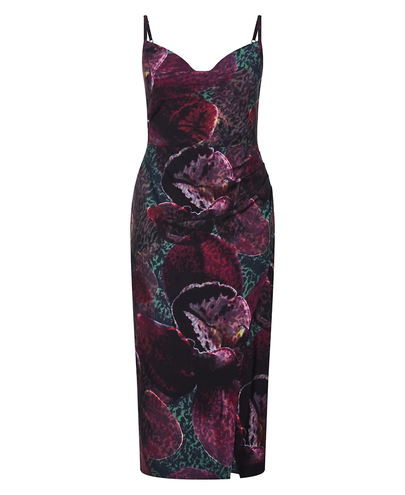 City Chic Plus Marisol Orchid Print Cowl Neckline Midi Dress