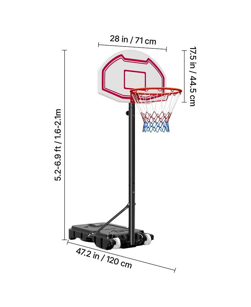 Hongge Kids Portable Basketball Hoop 28 in Backboard Adjusting 5.2 to 6.9 ft with Rolling Wheels for Patio and Poolside