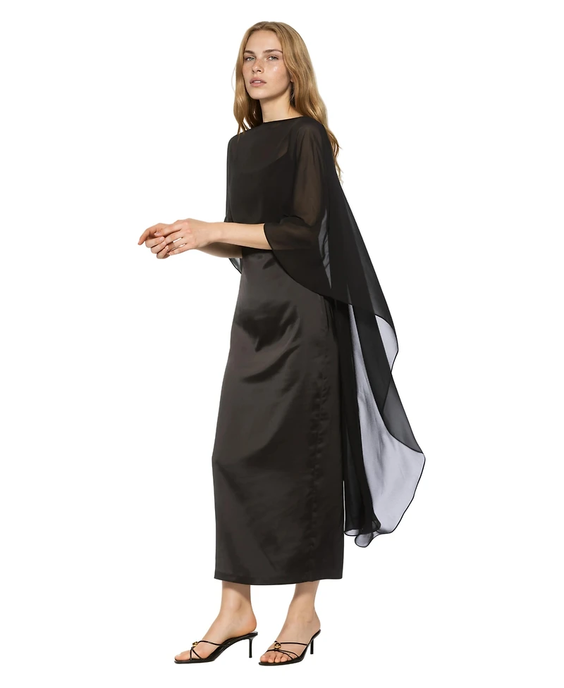Alexia Admor Women's Cape-Sleeve Chiffon Overlay Boat Neck Satin Gown
