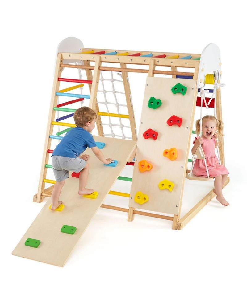 Hongge Foldable Wooden Jungle Gym with Swing and Monkey Bars, Ages 3+