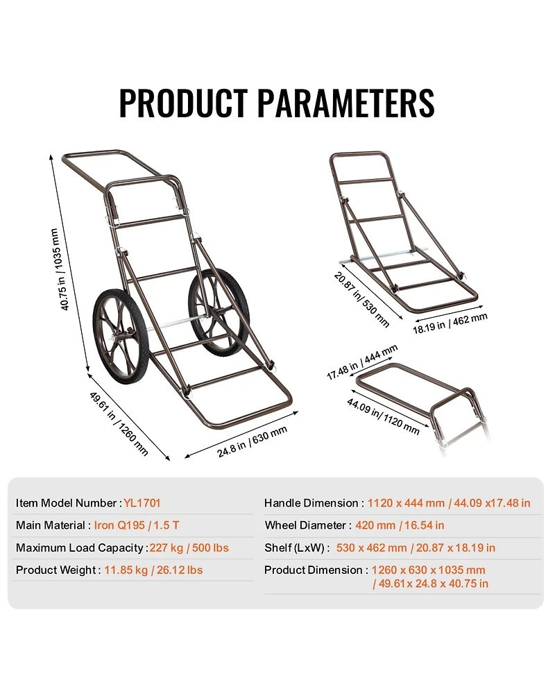 Hongge Folding Deer Cart Game Hauler 500 lbs Capacity with 17 in Rubber Wheels for Hunting and Hiking Gear