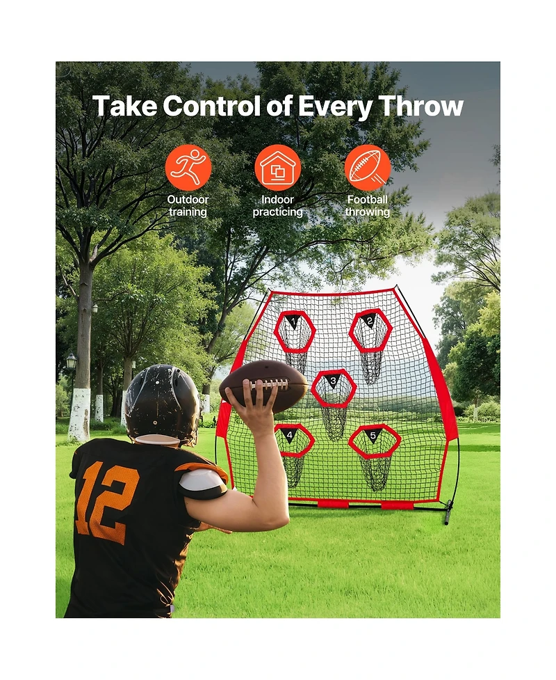 Hongge 7 x 7 ft Quarterback Throwing Practice Net Featuring 5 Target Pockets and Reinforced Base for Passing Drills