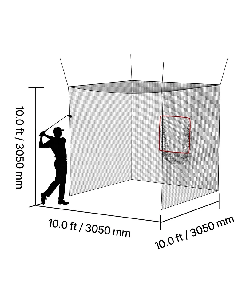 Hongge Golf Driving Cage 10 x 10 x 10 feet with 3-Ply Knotless Polyester Net and 9-Hole Target for Backyard Practice
