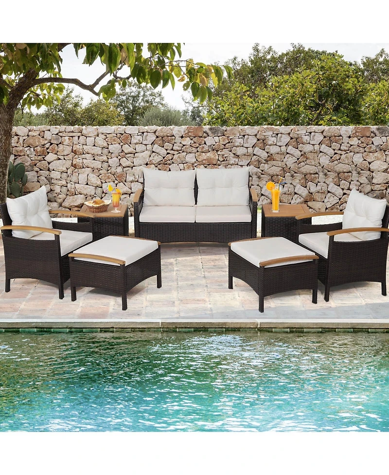 Slickblue 7-Piece Patio Furniture Set with Rattan Seating and Acacia Wood Table