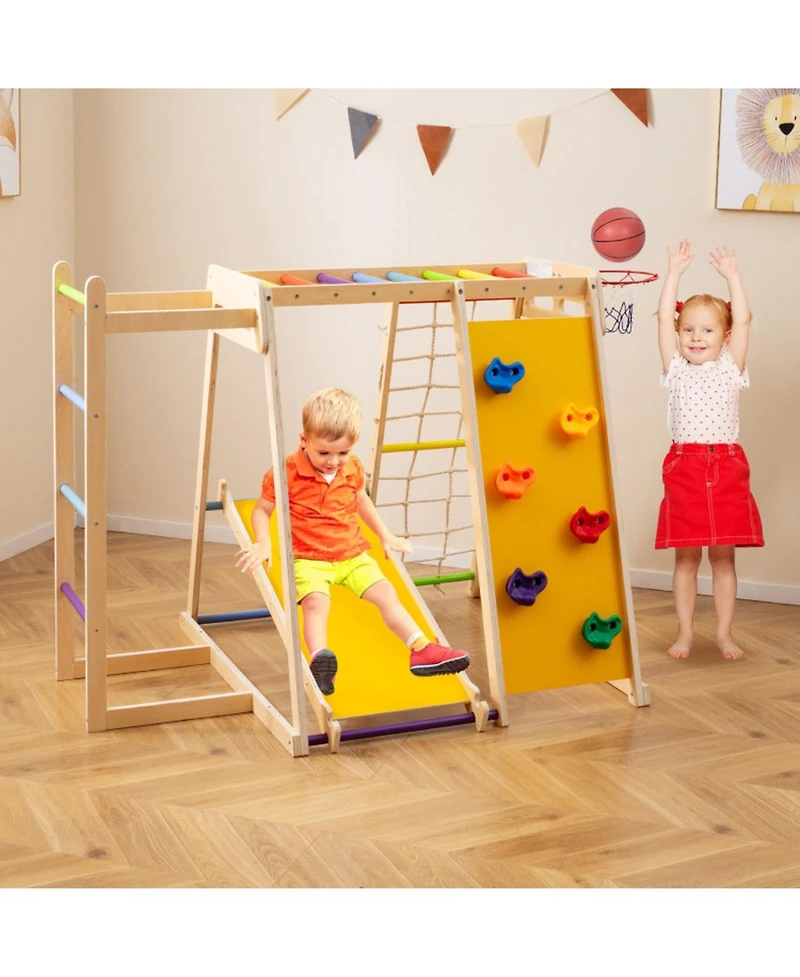 Hongge 6-in-1 Kids Indoor Jungle Gym with Slide and Climbing Wall Ages 3-14