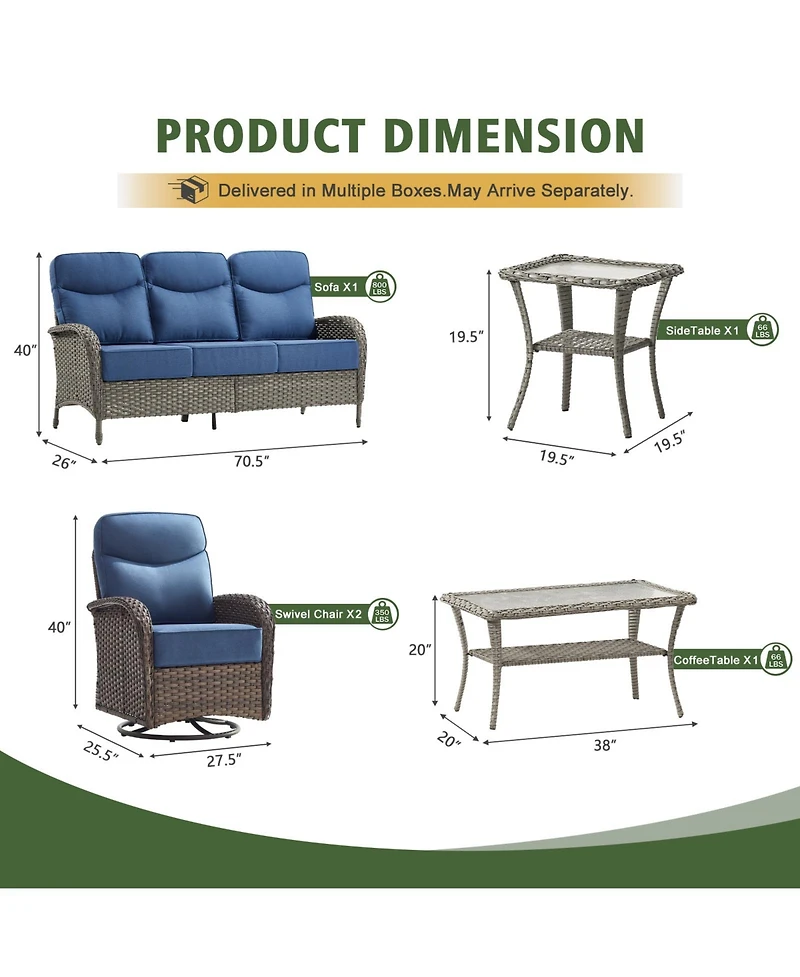 Pocassy 5-Piece Patio Furniture Pe Wicker Outdoor Conversation Set with 6" Cushion,All-Weather Rattan Swivel Rocker Chairs Couch Tables