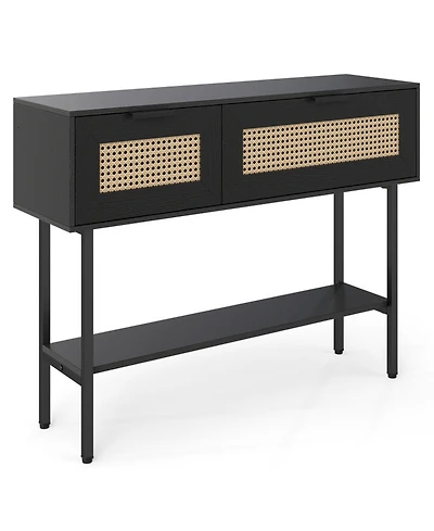 Sugift Rattan Console Table with 2 Storage Cabinets Open Shelf and Carbon Steel Frame