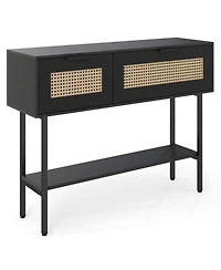 Sugift Rattan Console Table with 2 Storage Cabinets Open Shelf and Carbon Steel Frame