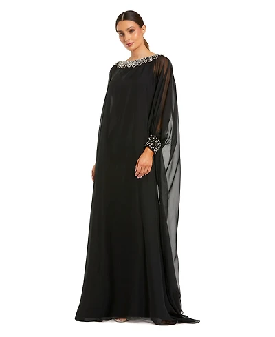 Mac Duggal Women's Chiffon Long Sleeve Kaftan Gown with Beaded Neckline