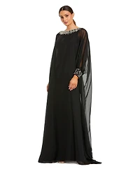 Mac Duggal Women's Chiffon Long Sleeve Kaftan Gown with Beaded Neckline