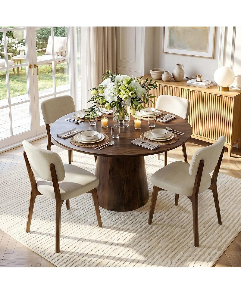 Maison Boucle Modern Upholstered Dining Chairs Set of 4, Woven Linen-Blend Fabric, Padded Seat and Curved Back, Solid Wood Frame Side