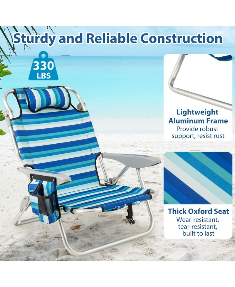 Gouun Folding Beach Chair for Adults with 4-Position Backrest, Cooler Bag, Cup Holder and Towel Bar