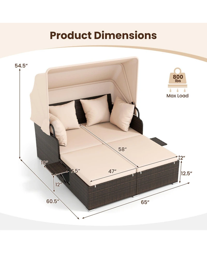 Gouun Outdoor Rattan Daybed with Retractable Canopy and Foldable Side Tables