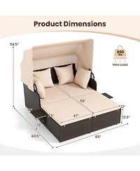 Gouun Outdoor Rattan Daybed with Retractable Canopy and Foldable Side Tables