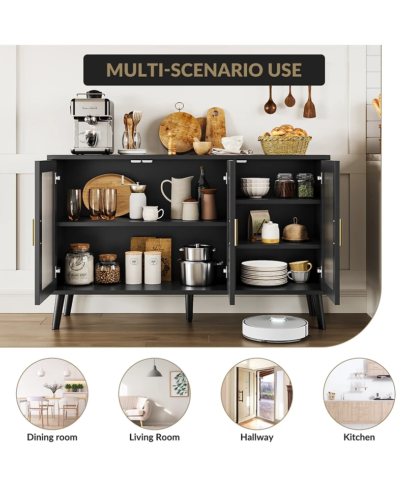 homfan Buffet Cabinet with Ribbed Glass Doors Sideboard Storage for Dining Room Kitchen Living Room