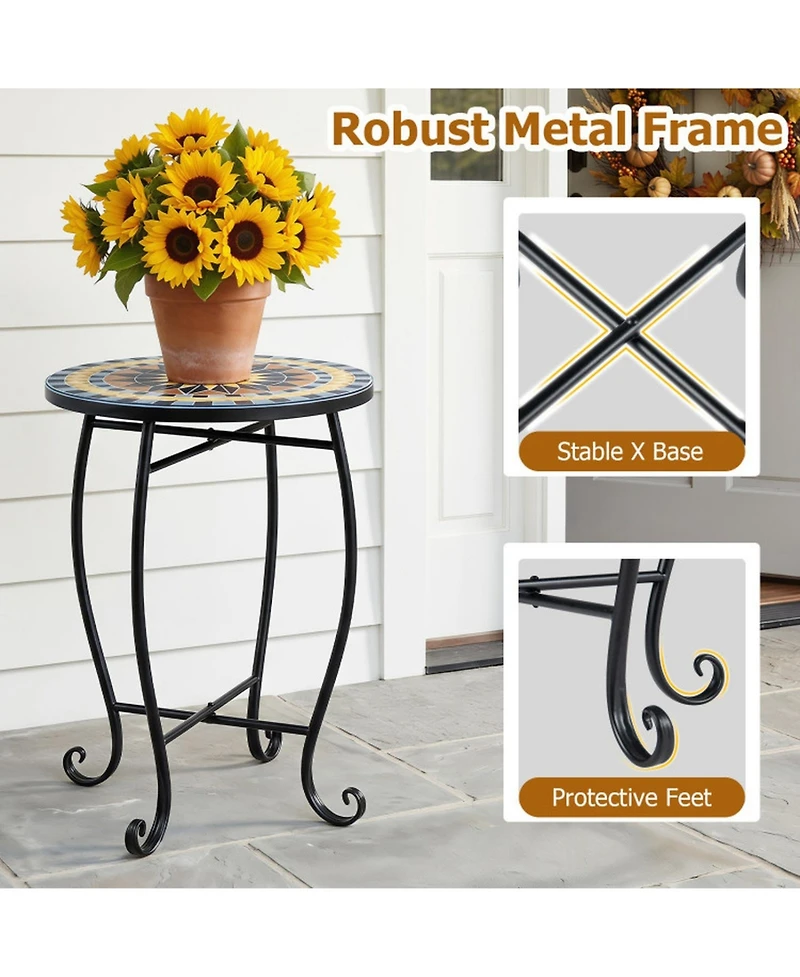 Sugift 14in Floral Mosaic Patio Accent End Table with Metal Frame