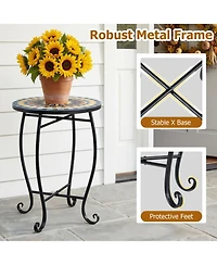 Sugift 14in Floral Mosaic Patio Accent End Table with Metal Frame