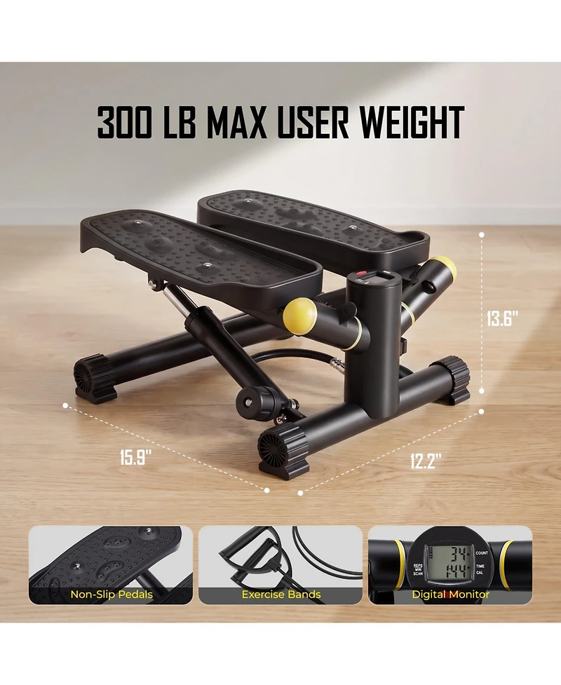 Sugift Mini Stair Stepper for Exercise with Resistance Bands Lcd Monitor 300 Lbs Hydraulic Fitness Stepper