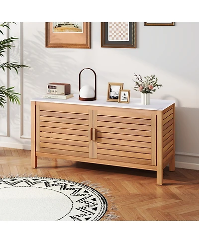 Gouun 2-Door Acacia Wood Patio Storage Cabinet with Faux Marble Top