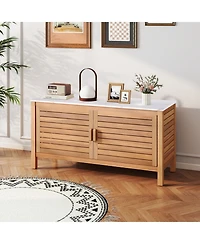 Gouun 2-Door Acacia Wood Patio Storage Cabinet with Faux Marble Top