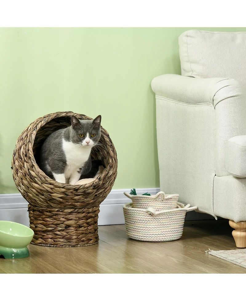 Ruie Elevated Cat Bed Handwoven Wicker Basket House with Soft Cushion and Stand