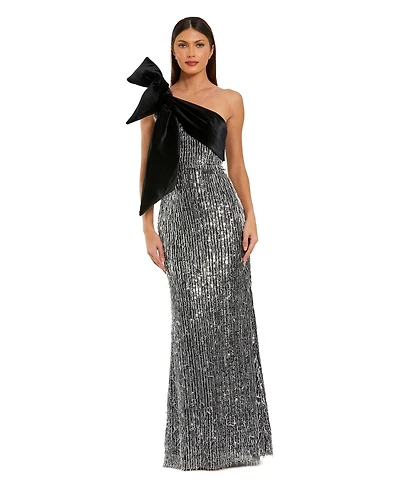 Mac Duggal Women's One-Shoulder Sequin Velvet Bow Gown