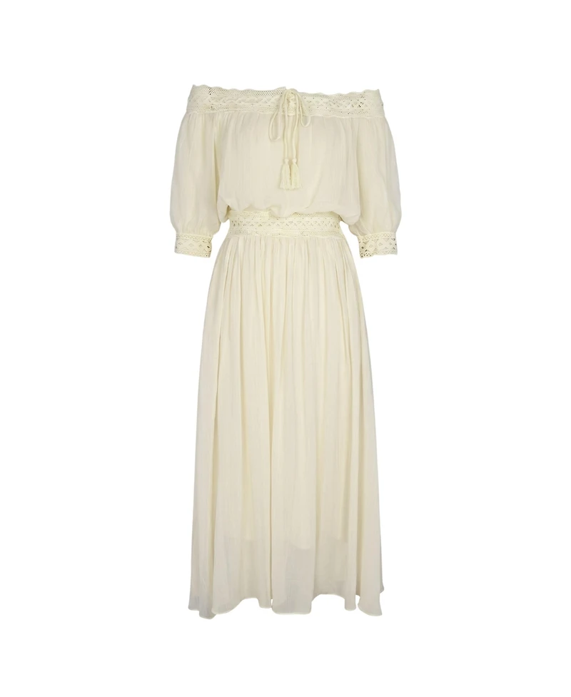 Modenaire Women's Off-Shoulder Crochet Top and Maxi Skirt Set