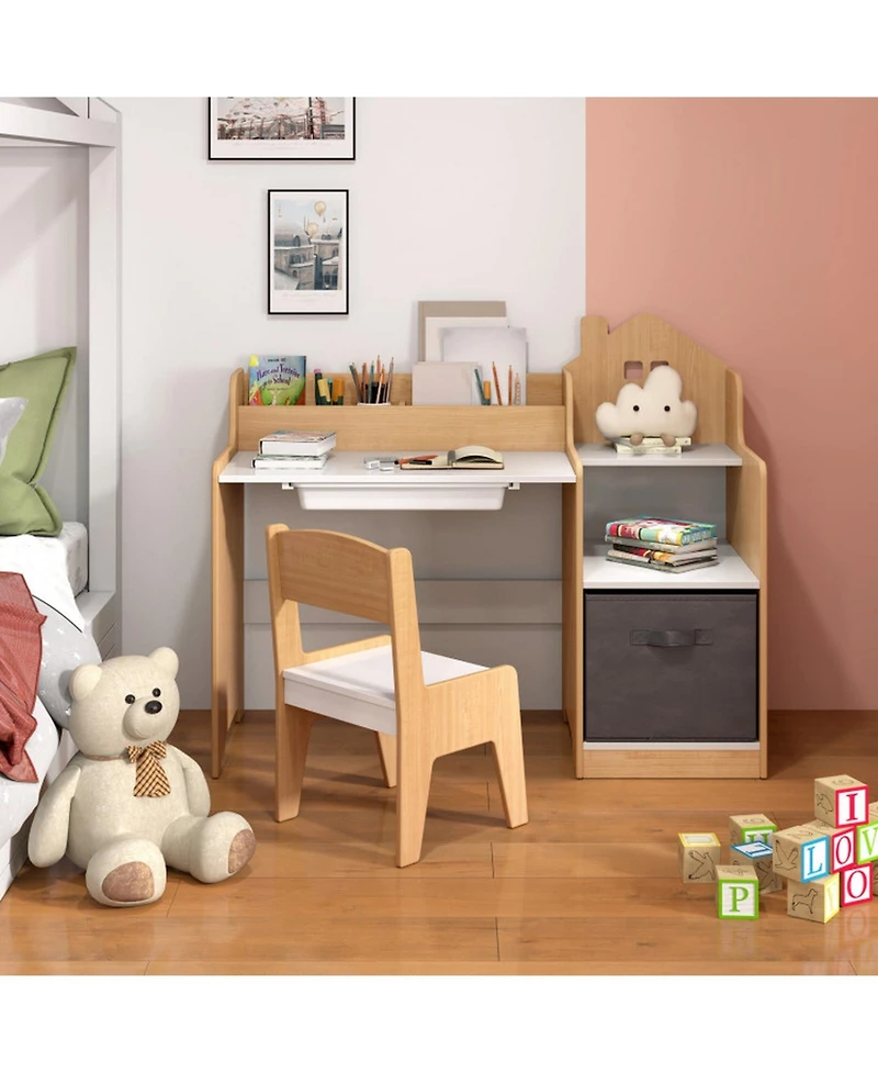 Sugift Kids Study Desk and Chair Set with 2 Open Shelves Drawer and Fabric Storage Bin