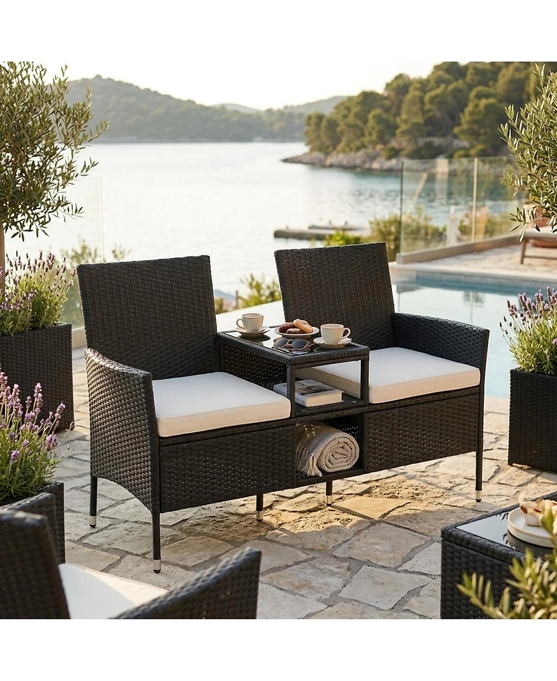 Sugift Outdoor Wicker Patio Loveseat with Built-In Glass Side Table