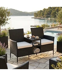 Sugift Outdoor Wicker Patio Loveseat with Built-In Glass Side Table
