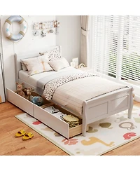 Sugift Twin Size Sleigh Wood Platform Bed with 2 Rolling Storage Drawers