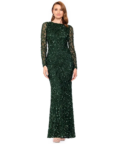 Betsy & Adam Petite Long-Sleeve Sequin Gown